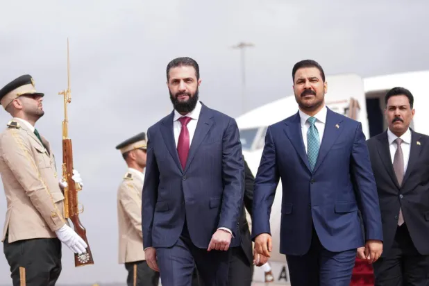 Syrian President Ahmed al-Sharaa receives Iraqi Prime Minister Ali al-Zaidi in Damascus on Wednesday (Government media)