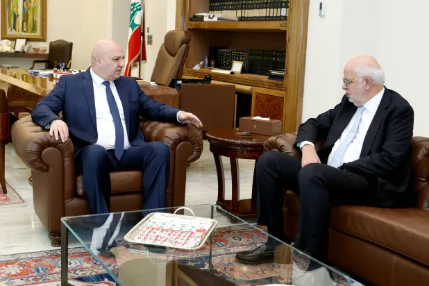 Lebanese President Joseph Aoun receives Justice Minister Adel Nassar at the Presidential Palace on Wednesday. (Lebanese Presidency)