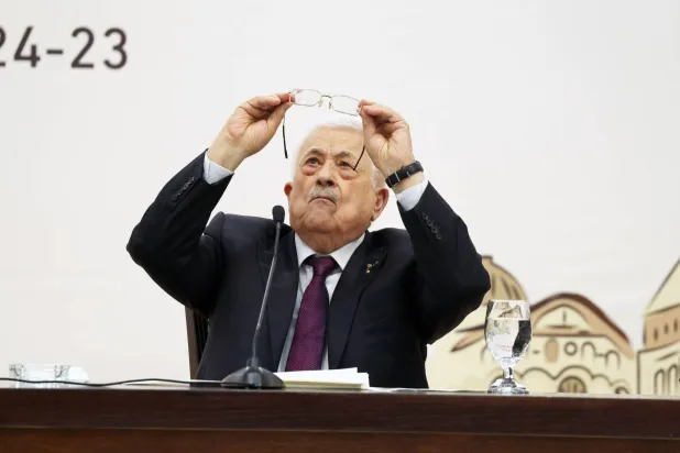 President Mahmoud Abbas during the 32nd session of the Palestine Liberation Organization's Central Council in Ramallah, April 2025 (A.P.)