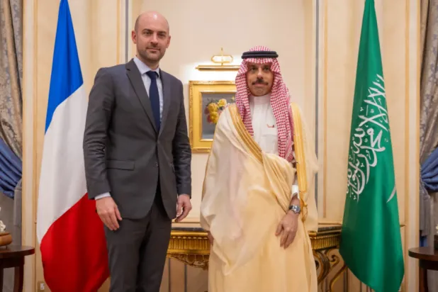 Saudi Minister of Foreign Affairs Prince Faisal bin Farhan bin Abdullah holding talks with Minister for Europe and Foreign Affairs of the French Republic Jean-Noël Barrot - SPA