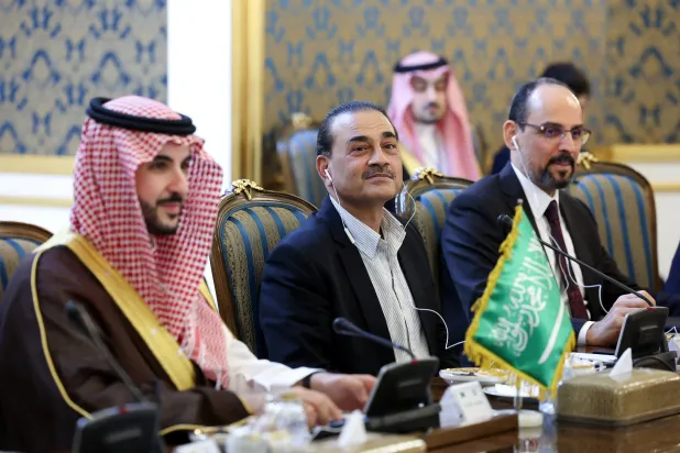 Saudi Arabia's Defense Minister Prince Khalid bin Salman, chief of Defense Forces of Pakistan, Field Marshal Asim Munir and Turkish intelligence chief, Ibrahim Kalin during a meeting with Iranian President Masoud Pezeshkian in Tehran, Iran, October 26, 2026. Iran's Presidential website/WANA (West Asia News Agency)/Handout via Reuters 