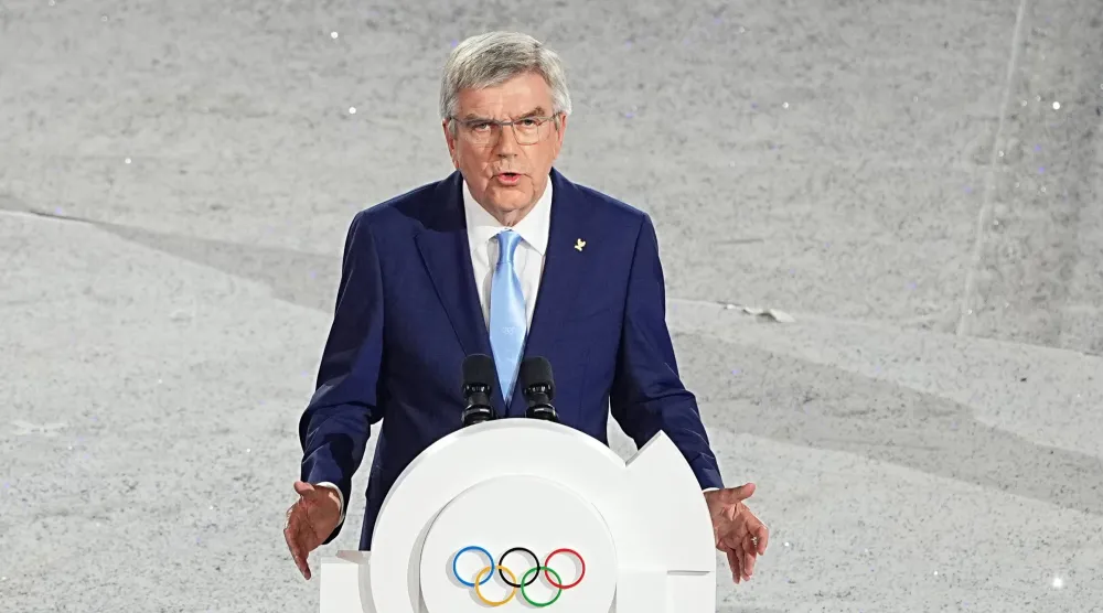 FILED - 11 August 2024, France, Paris: International Olympic Committee (IOC) President Thomas Bach speaks at the Stade de France during the closing ceremony of the Paris 2024 Olympic Games. Photo: Michael Kappeler/dpa