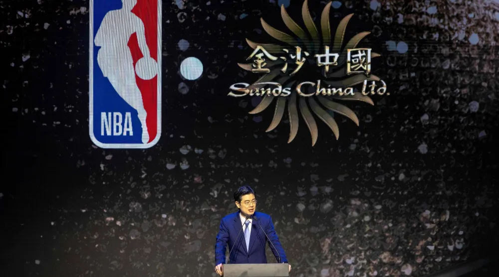 Grant Chum, president and CEO of Sands China, speaks during a press conference to announce NBA pre-season games coming to China in 2025, at the Londoner Hotel in Macau on December 6, 2024. (Photo by Eduardo Leal / AFP)