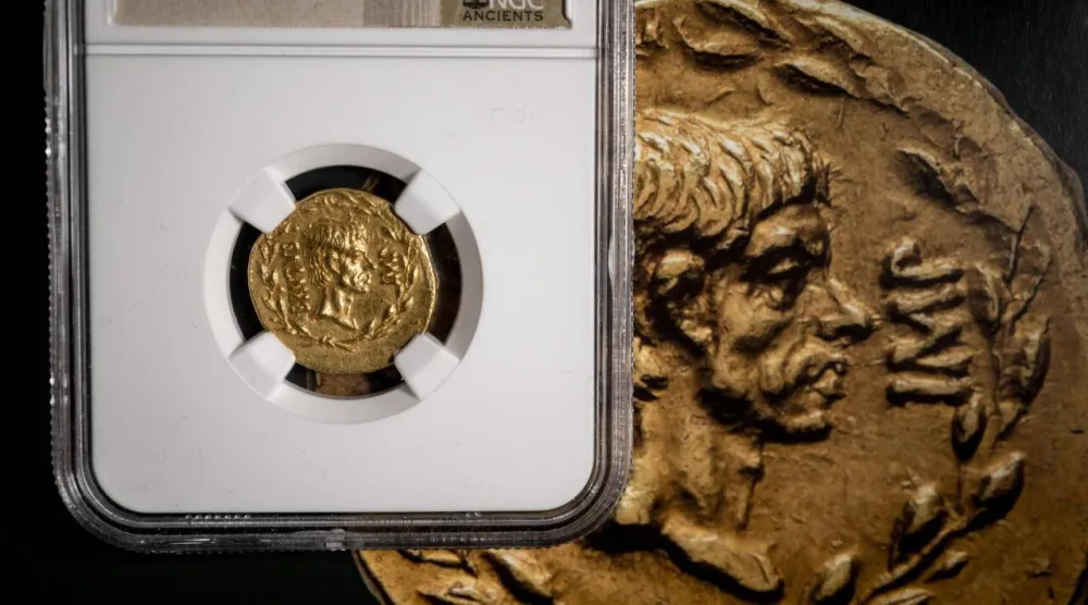 The aureus currency was issued by Brutus and his friends a year or two after they assassinated Roman ruler Caesar in 44 BC. Fabrice COFFRINI / AFP
