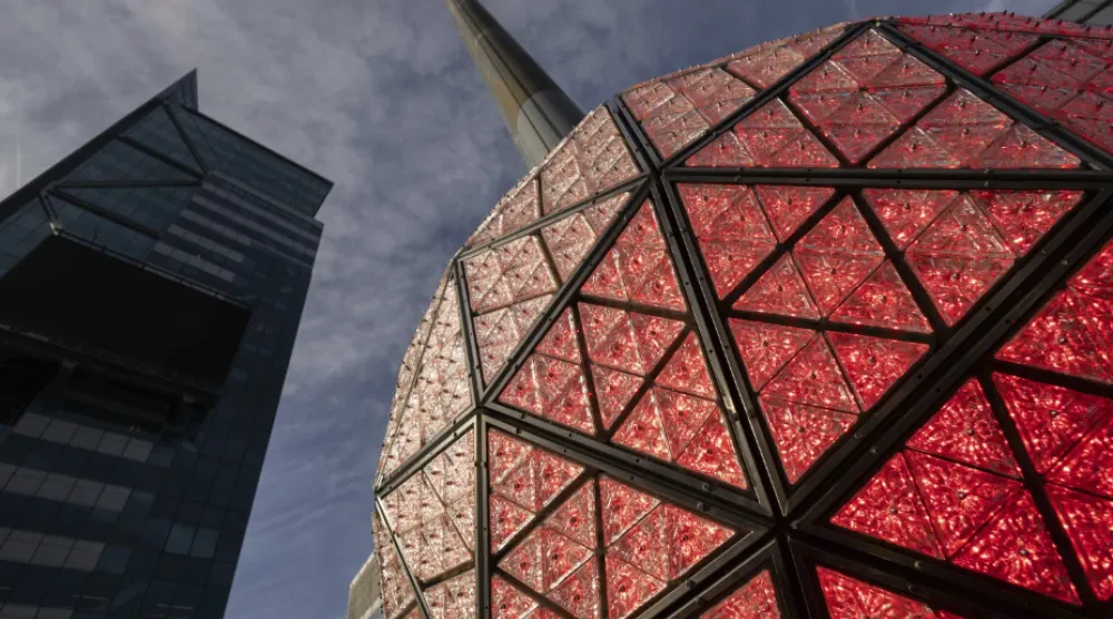 Times Square New Year's Eve Ball is displayed at One Times Square, Friday, Dec. 27, 2024, in New York. (AP Photo/Yuki Iwamura)