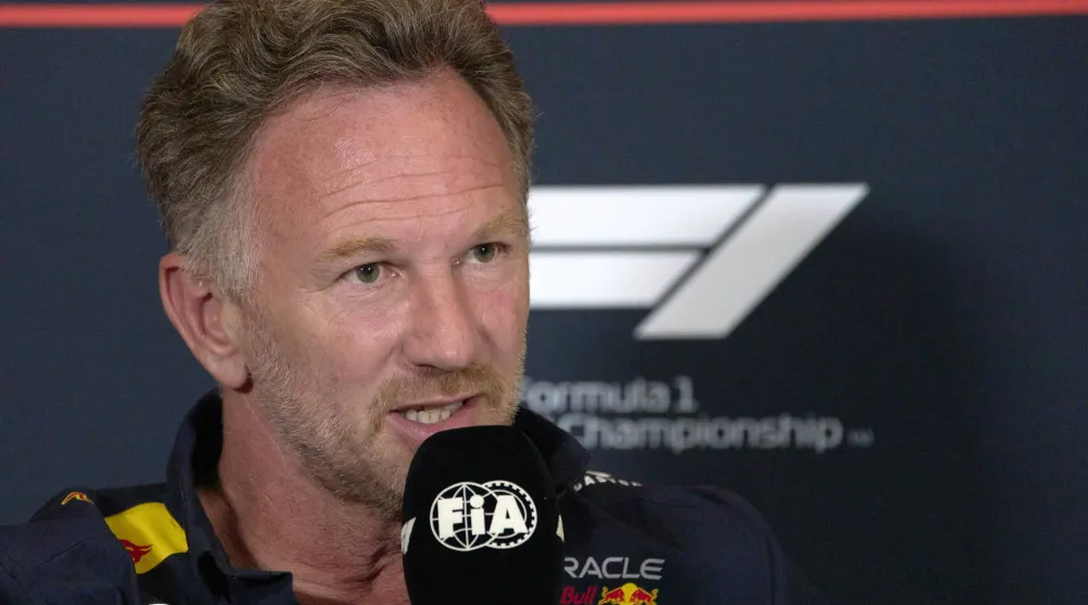 Red Bull team principal Christian Horner attends a news conference at the Silverstone racetrack, ahead of the British Formula One Grand Prix, in Silverstone, England, Friday, July 4, 2025. (AP Photo/Darko Bandic)