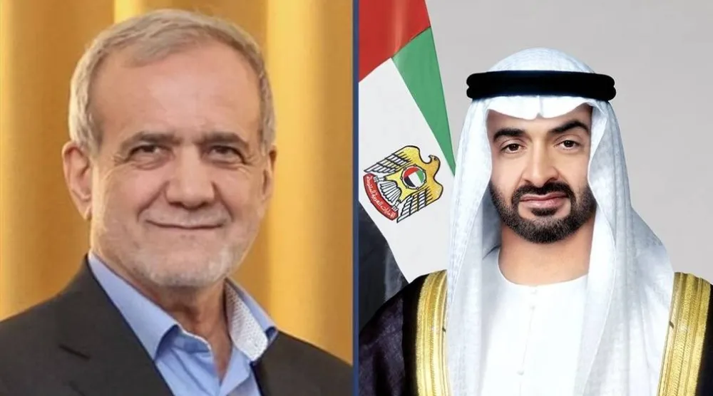 الشيخ محمد بن زايد رئيس دولة الإمارات والرئيس الإيراني مسعود بزشكيان (وام)
