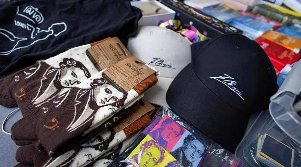 The souvenirs with Chopin motives are displayed on a stall on the second day of the 80th Duszniki International Chopin Piano Festival in Duszniki-Zdroj, southwestern Poland, August 2, 2025. (AFP) 