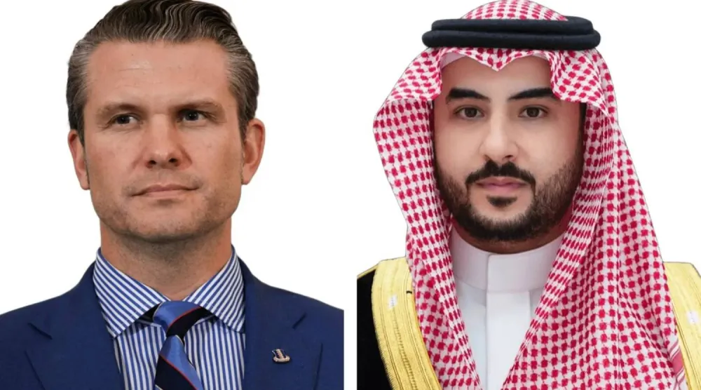وزير الدفاع السعودي الأمير خالد بن سلمان ونظيره الأميركي بيت هيغسيث (الشرق الأوسط)

