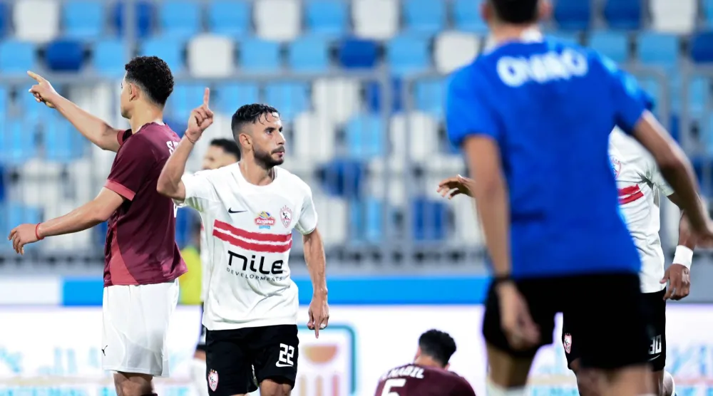 ناصر ماهر لاعب الزمالك محتفل بهدفه في سيراميكا (نادي الزمالك)