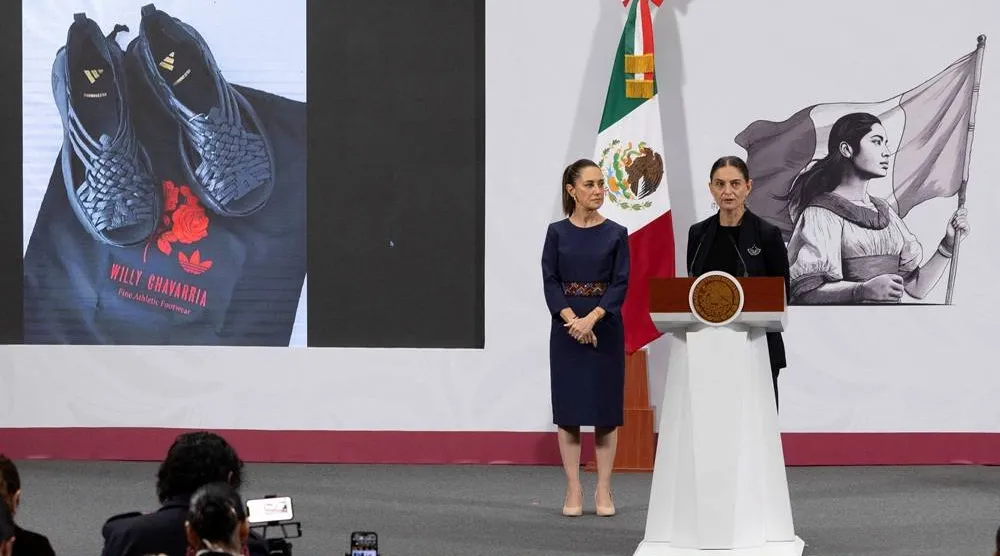 Marina Nunez Bespalova, Mexico’s Undersecretary of Cultural Development, speaks during President Claudia Sheinbaum’s morning press conference at the National Palace to condemn Adidas and US designer Willy Chavarria over the “Oaxaca Slip On” shoe, accused of misappropriating a sandal design rooted in Zapotec Indigenous heritage, in Mexico City, Mexico, August 8, 2025. (Presidencia de Mexico/Handout via Reuters)