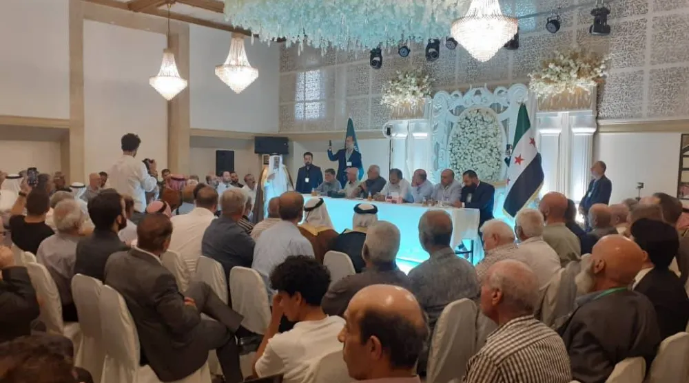 جانب من الملتقى التأسيسي لأبناء منطقة الزوية النازحين من الجولان (الشرق الأوسط)