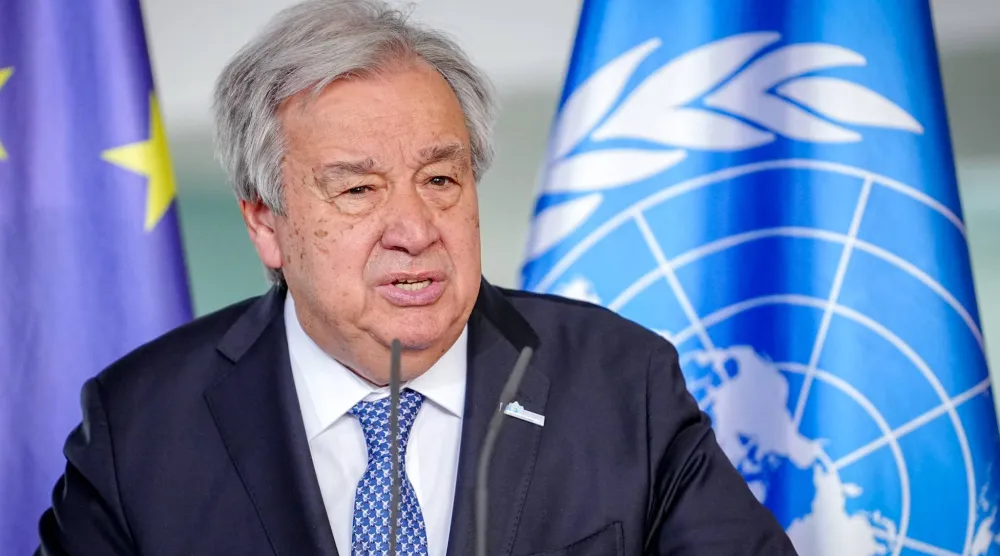 14 May 2025, Berlin: United Nations Secretary-General Antonio Guterres gives a press conference at the German Federal Chancellery. (dpa)