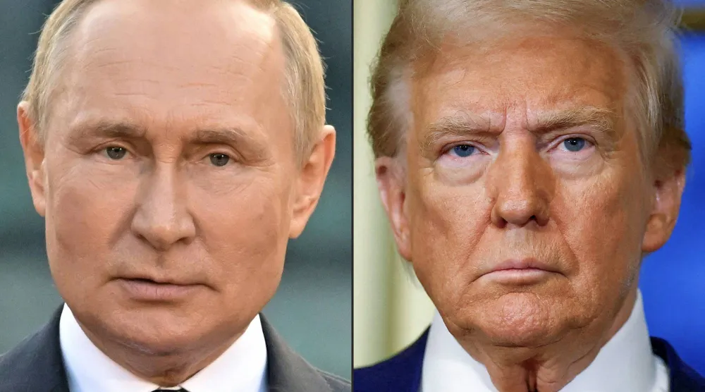(FILES) (COMBO) This combination of file photographs created on August 8, 2025 shows Russian President Vladimir Putin (L) giving a speech during an event to mark the 1160th anniversary of Russia's statehood in Veliky Novgorod on September 21, 2022, and US President-elect Donald Trump looking on during a meeting with France's President at the Elysee Palace in Paris, on December 7, 2024. (Photo by Ilya PITALEV and Sarah Meyssonnier / various sources / AFP)