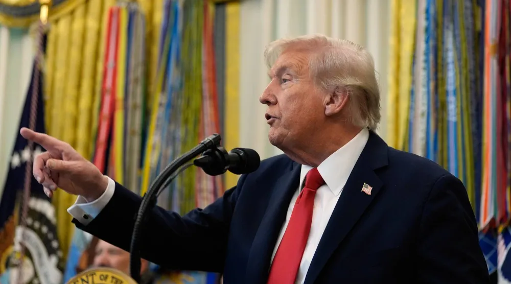 US President Donald Trump speaks in the Oval Office of the White House, Thursday, Oct. 16, 2025, in Washington. (AP Photo/Alex Brandon)