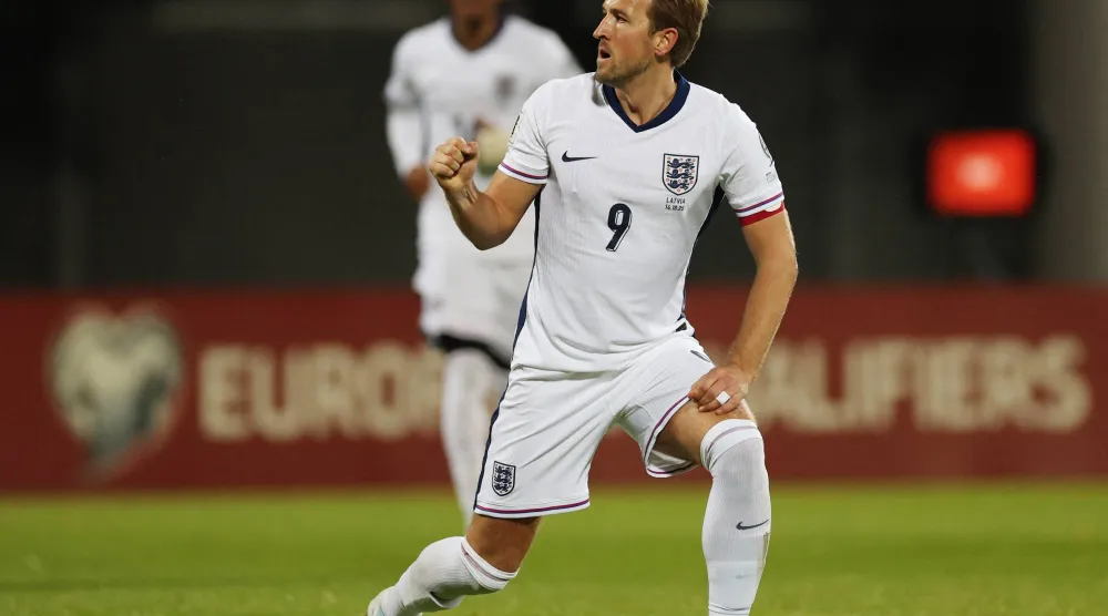 Soccer Football - FIFA World Cup - UEFA Qualifiers - Group K - Latvia v England - Daugava Stadium, Riga, Latvia - October 14, 2025 England's Harry Kane celebrates scoring their second goal Action Images via Reuters/Paul Childs