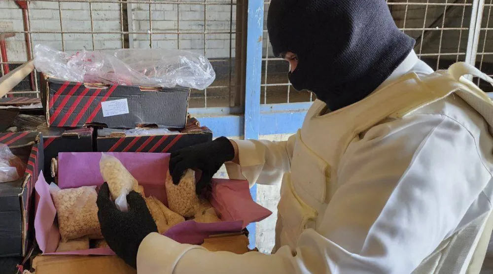 تصویری از خبرگزاری سعودی (واس) در 25 آوریل گذشته كه نشان میدهد یکی از اعضای اداره کل مبارزه با مواد مخدر، کیسههای كشف شده قرصهای کپتاگون در جده را به نمایش میگذارد. این قرصها در محمولهای از انار پنهان شده بودند (آ.ف.ب)