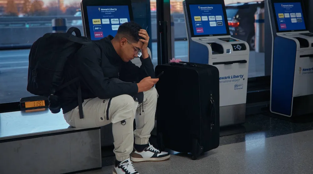 مسافر ينتظر في مطار نيوارك بولاية نيو جيرسي (أ.ب)