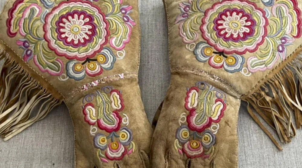 A pair of gauntlets made in the late 19th-century Cree-Metif native Canadian traditional style by indigenous activist Gregory Scofield. Gregory Scofield, AP