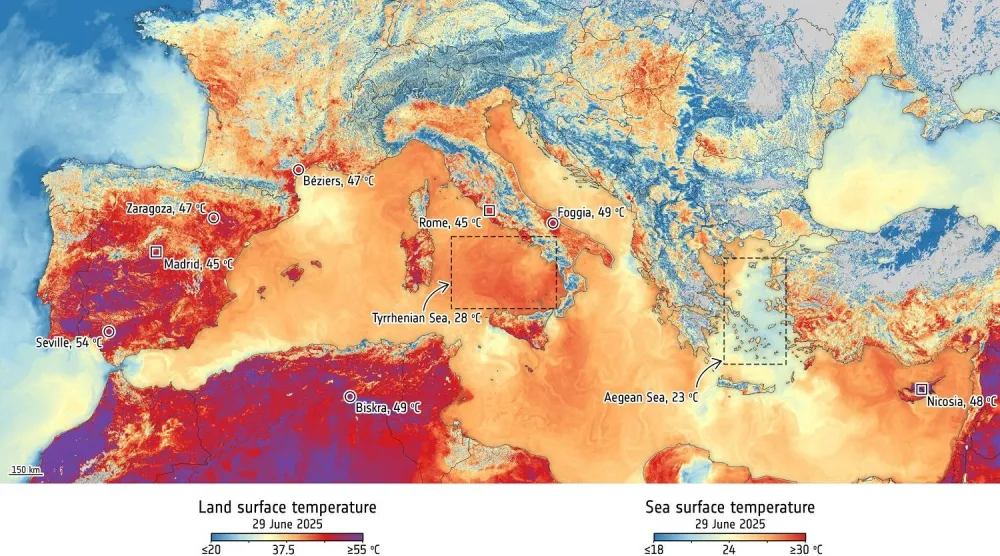 خرائط جوية تُظهر موجة الحر الشديدة التي اجتاحت جنوب أوروبا وشمال أفريقيا في 29 يونيو 2025 مع درجات حرارة مرتفعة بشكل غير معتاد (وكالة الفضاء الأوروبية)