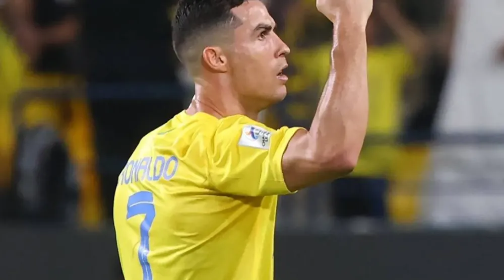 Al-Nassr's Portuguese forward #07 Cristiano Ronaldo celebrates after scoring his team's first goal during the AFC Champions League group E football match between Saudi Al-Nassr SC and Tajikistan's FC Istiklol at King Saud University Stadium in Riyadh on October 2, 2023. (AFP)
