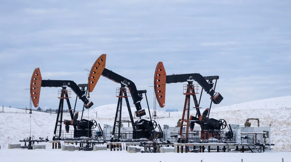 مضخات نفط تعمل في حقل مزارع بالقرب من كالغاري بألبرتا (رويترز)