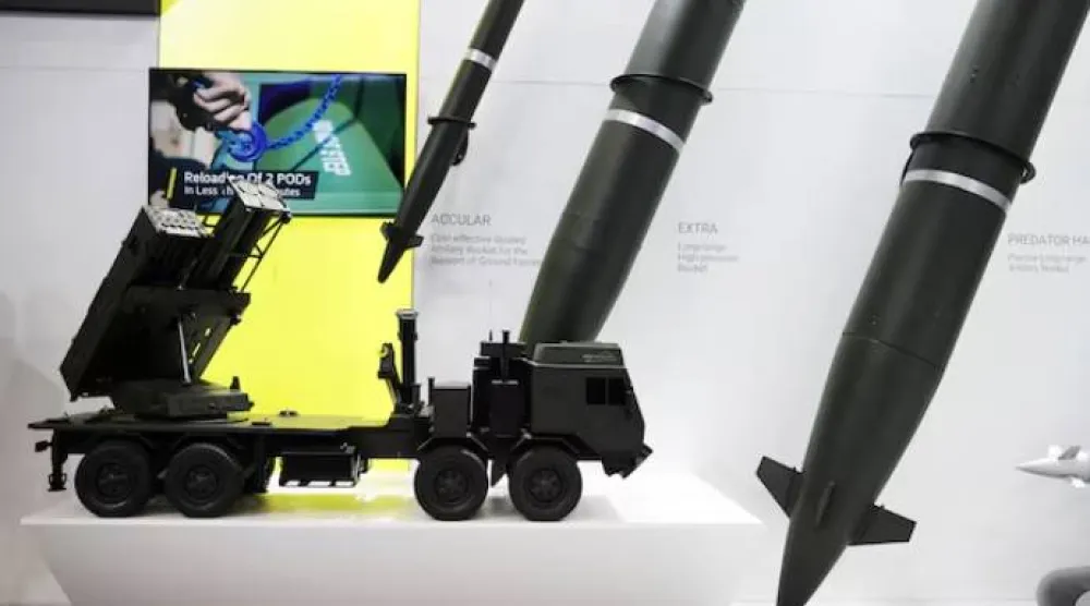 A PULS multiple rocket launcher miniature and artillery rockets by Israeli Elbit Systems is exhibited at the DEFEA Defense Exhibition, in Athens, Greece, May 8, 2025. REUTERS/Louiza Vradi Purchase Licensing Rights