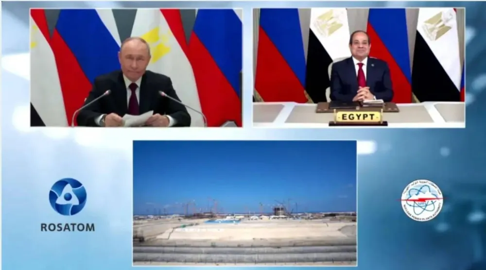 Egyptian President Abdel Fattah al-Sisi and Russian President Vladimir Putin during the launch of the installation of the pressure vessel for the first reactor at the El-Dabaa nuclear plant last month (Egyptian presidency) 