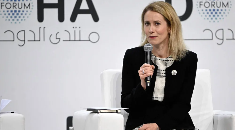EU Vice-President and High Representative for Foreign Affairs and Security Policy Kaja Kallas speaks during a session on the opening day of the Doha Forum, an annual diplomatic conference, in Doha on December 6, 2025. (Photo by Mahmud HAMS / AFP)