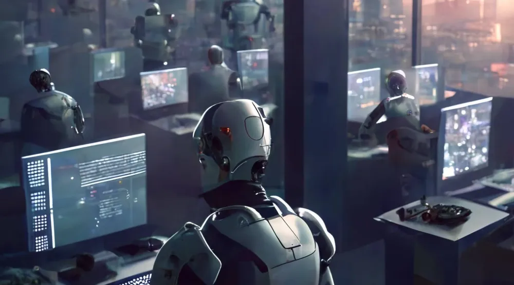 روبوتات تعمل في غرفة أخبار أُنشئت باستخدام تطبيق «Midjourney» المدعوم بالذكاء الاصطناعي (إكس)