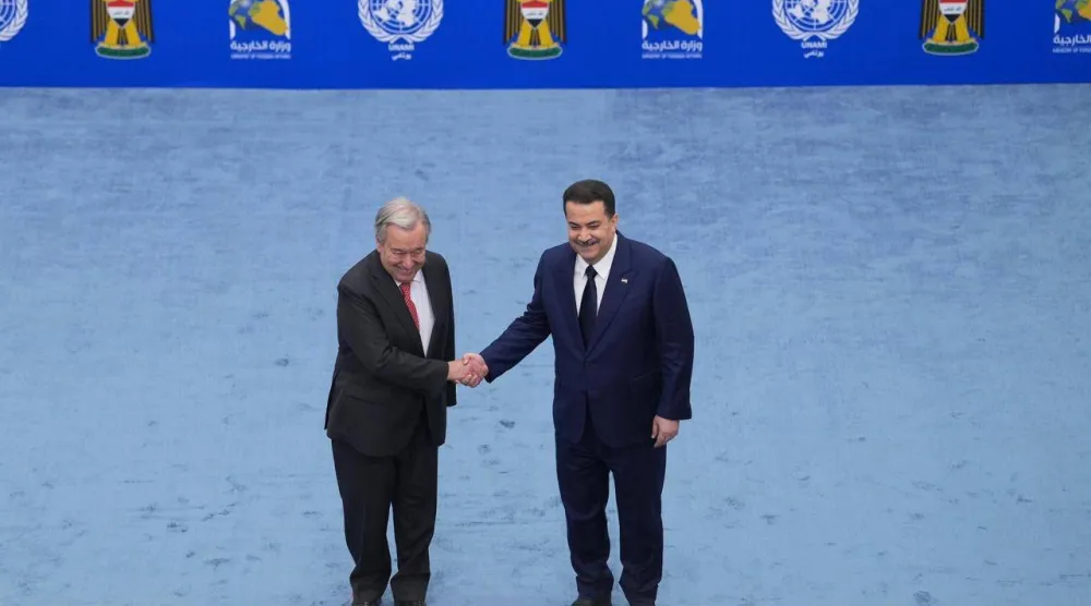رئيس الحكومة العراقية محمد السوداني والأمين العام للأمم المتحدة أنطونيو غوتيريش في بغداد (إعلام حكومي)