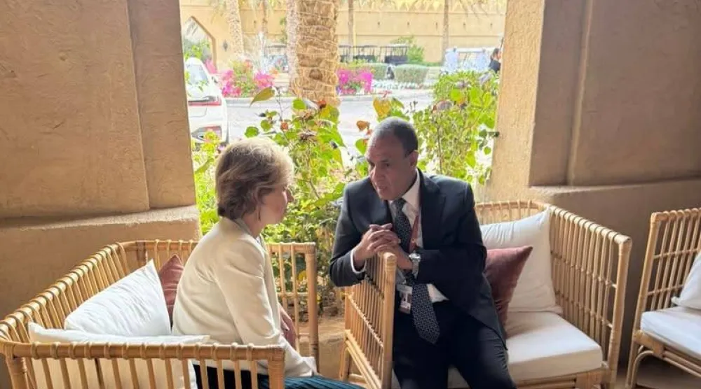 وزير الخارجية المصري خلال لقاء مستشارة الرئيس الفرنسي لشؤون الشرق الأوسط في الإمارات (الخارجية المصرية)