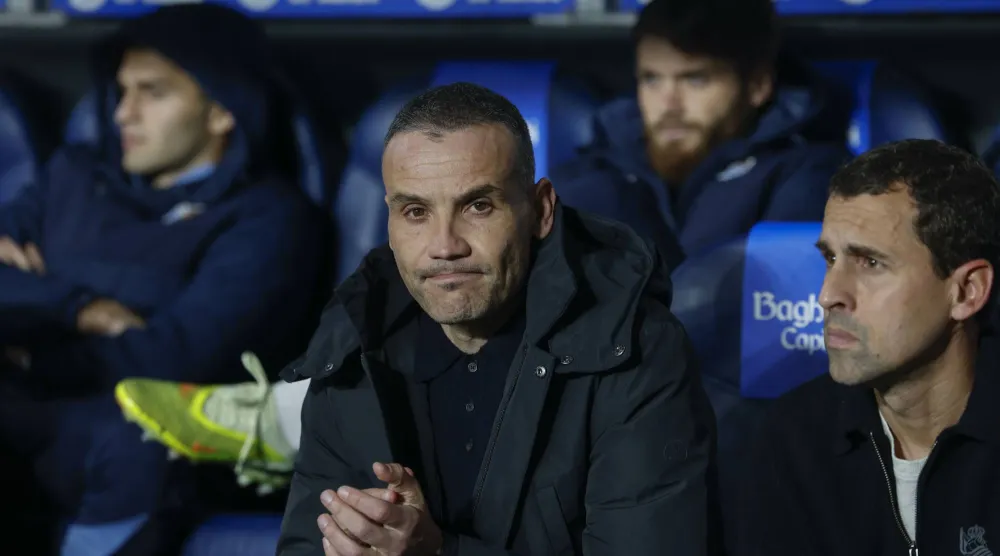 Real Sociedad's head coach Sergio Francisco sits on the bench before their Spanish LaLiga soccer match between Real Sociedad and Girona CF, played at the Reale Arena in Girona, Spain, 12 December 2025.  EPA/Javier Etxezarreta