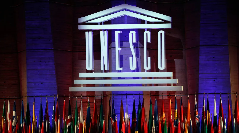 The UNESCO logo is seen during the 39th session of the General Conference at the UNESCO headquarters in Paris, Saturday, Nov. 4, 2017. (AP)