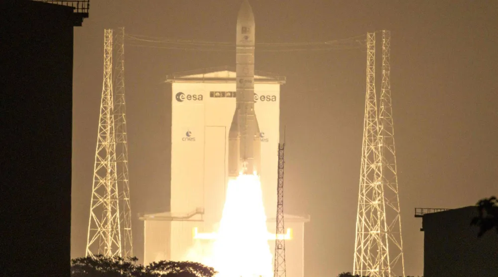 The European Space Agency (ESA) Ariane 6 rocket carrying two Galileo satellites for the the EU's Global Navigation Satellite System (GNSS) launches at the Guiana Space Center in Kourou, on the French overseas department of Guiana, on December 17, 2025. (Photo by Ronan LIETAR / AFP)