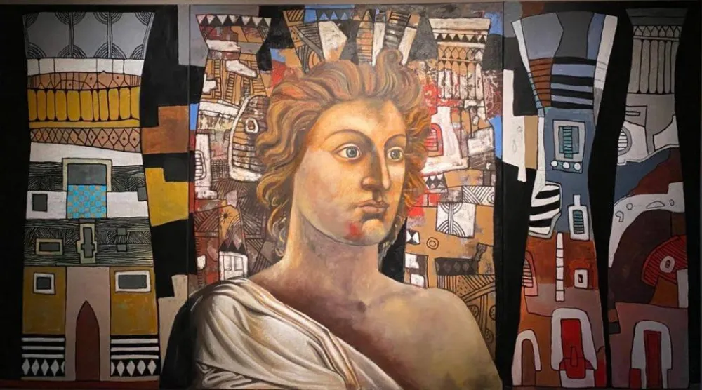 بورتريه مُتخيَّل للإسكندر تظهر في خلفيته عناصر حداثية (مكتبة الإسكندرية)