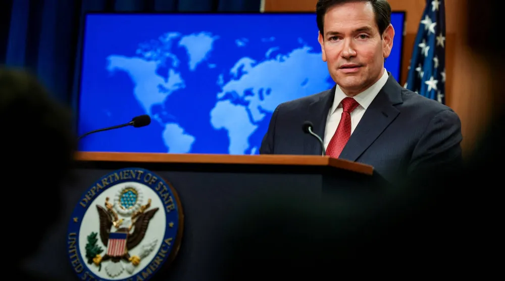 ماركو روبيو خلال مؤتمره الصحافي السنوي في وزارة الخارجية بواشنطن العاصمة (رويترز)