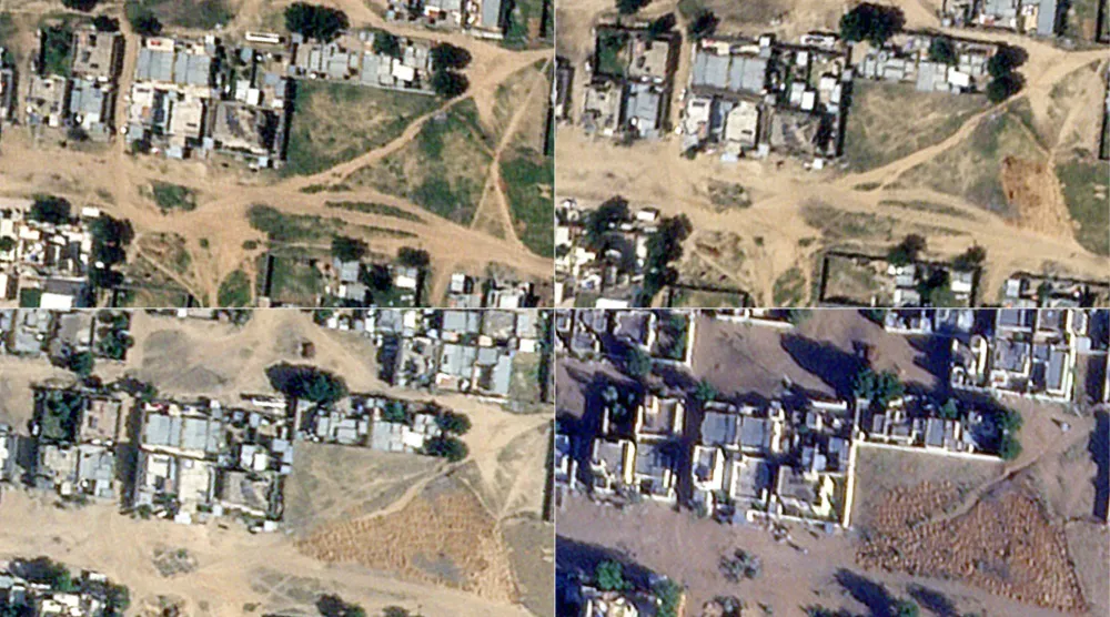 (COMBO) This combination of satellite images released by Planet Labs PBC on December 19, 2025, shows from top left to bottom right:- the graves near the United Nations Children's Fund (UNICEF) headquarters in El-Fasher, taken on the following dates: on October 8, 2025, on October 27, 2025, on January 15, 2025, and on December 14, 2025. (Photo by Handout / Planet Labs / AFP)
