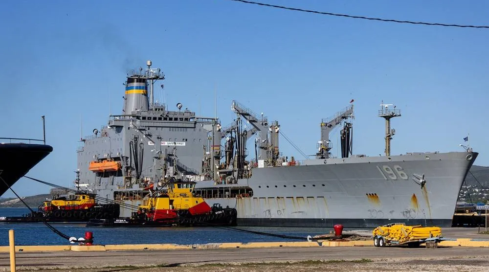 The US Navy replenishment oiler USNS Kanawha (T-AO-196) arrives at port in Ponce, Puerto Rico, amid ongoing military movements, December 21, 2025. (Reuters)