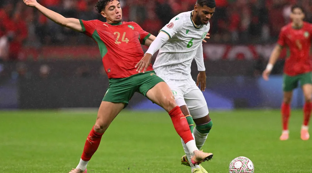 نائل العيناوي (يسار) يتألق مع أسود الأطلس (أ.ف.ب)