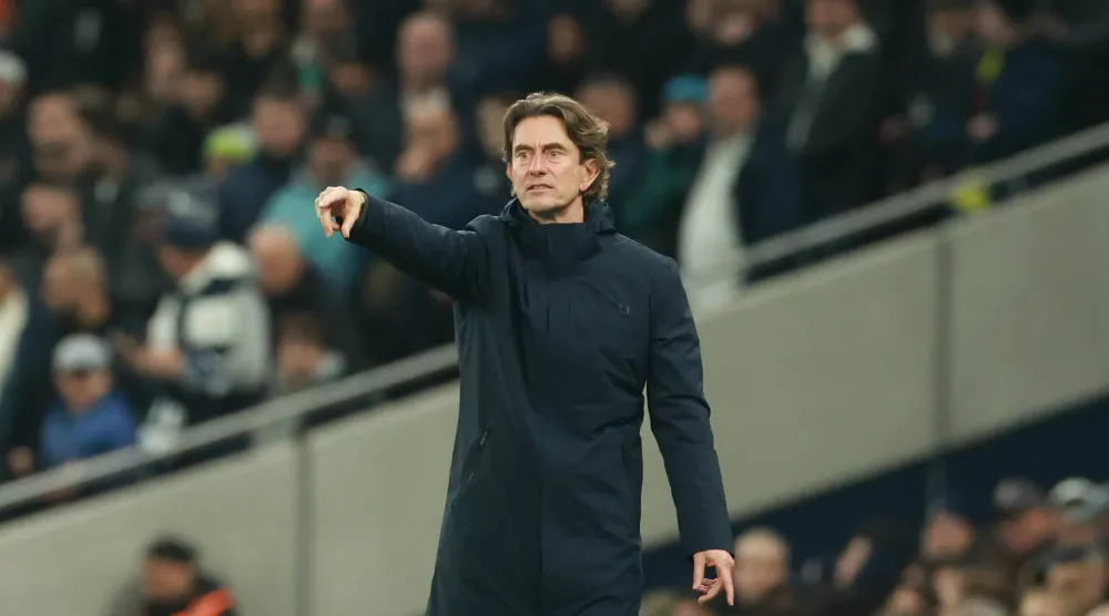 Tottenham Hotspur's manager Thomas Frank gestures during the English Premier League match between Tottenham Hotspur and Liverpool FC, in London, Britain, 20 December 2025. (EPA)