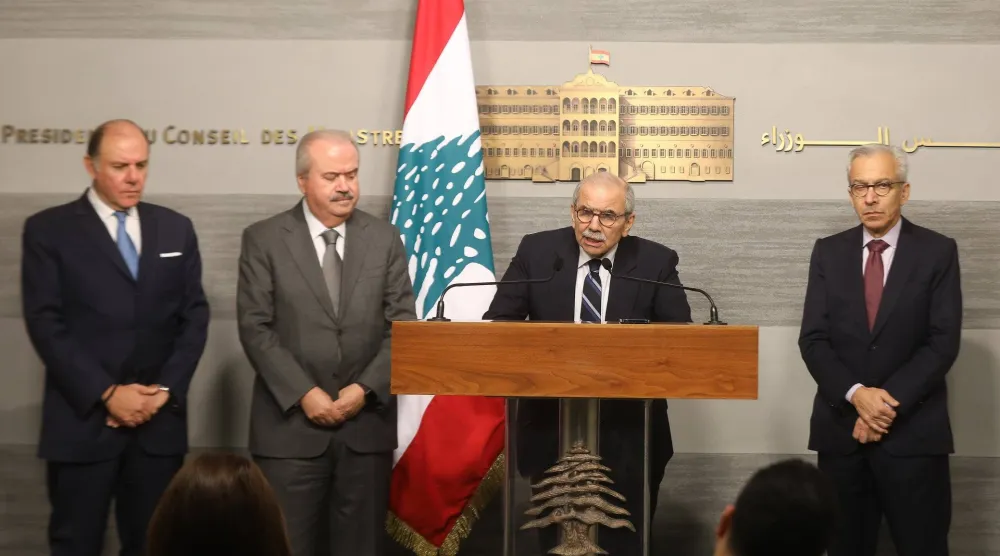 نواف سلام متحدثاً عن «مشروع قانون الانتظام المالي واستعادة الودائع» بحضور وزير المالية ياسين جابر ووزير الاقتصاد عامر البساط وحاكم مصرف لبنان كريم سعيد الأسبوع الماضي (رئاسة الحكومة)