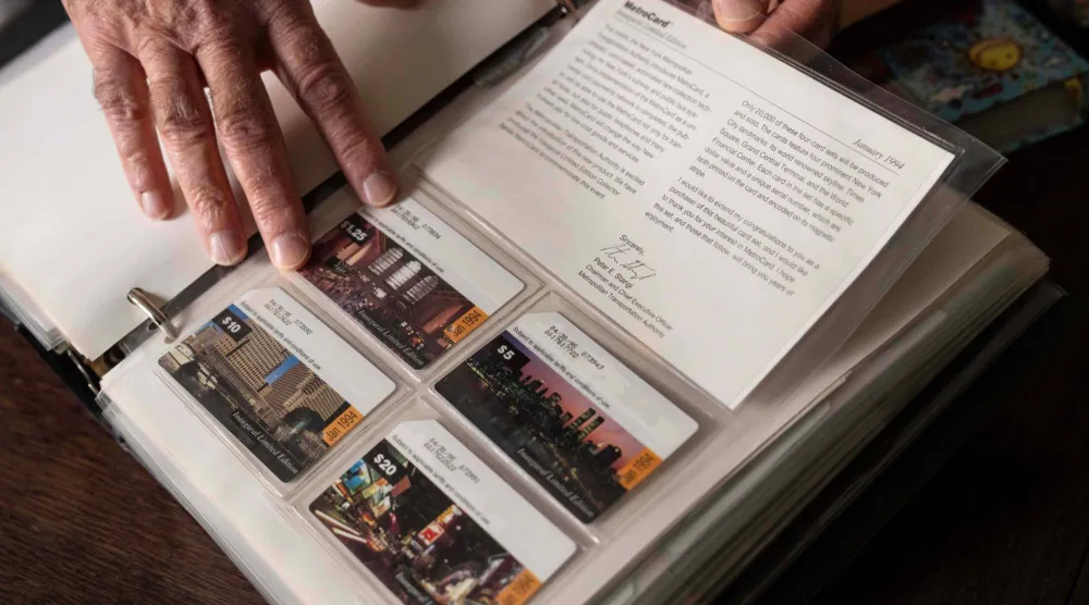 Lev Radin, a MetroCard collector, shows his collection of Inaugural Limited Edition MetroCards, Dec. 10, 2025, in New York. (AP Photo/Yuki Iwamura)