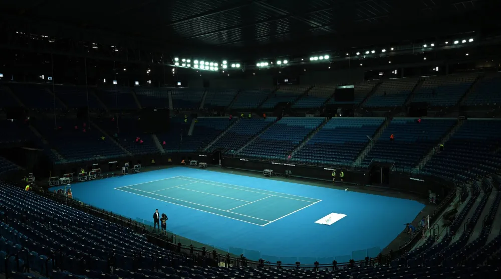 29 December 2025, Australia, Melbourne: A general view of Rod Laver Arena after crews complete line-marking and painting of the Melbourne sign and court at Rod Laver Arena during preparations for the 2026 Australian Open tennis tournament at Melbourne Park. Photo: James Ross/AAP/dpa
