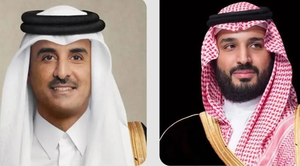 Combined photo of Prince Mohammed bin Salman bin Abdulaziz Al Saud, Crown Prince and Prime Minister of Saudi Arabia on the right, and Emir of Qatar Sheikh Tamim bin Hamad Al Thani to the left. (SPA)