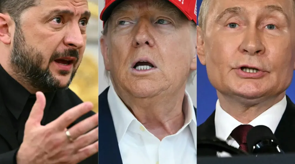 Ukrayna Devlet Başkanı Volodimir Zelenskiy (solda), ABD Başkanı Donald Trump (ortada) ve Rusya Devlet Başkanı Vladimir Putin’in yer aldığı kolaj fotoğraf. (AFP)