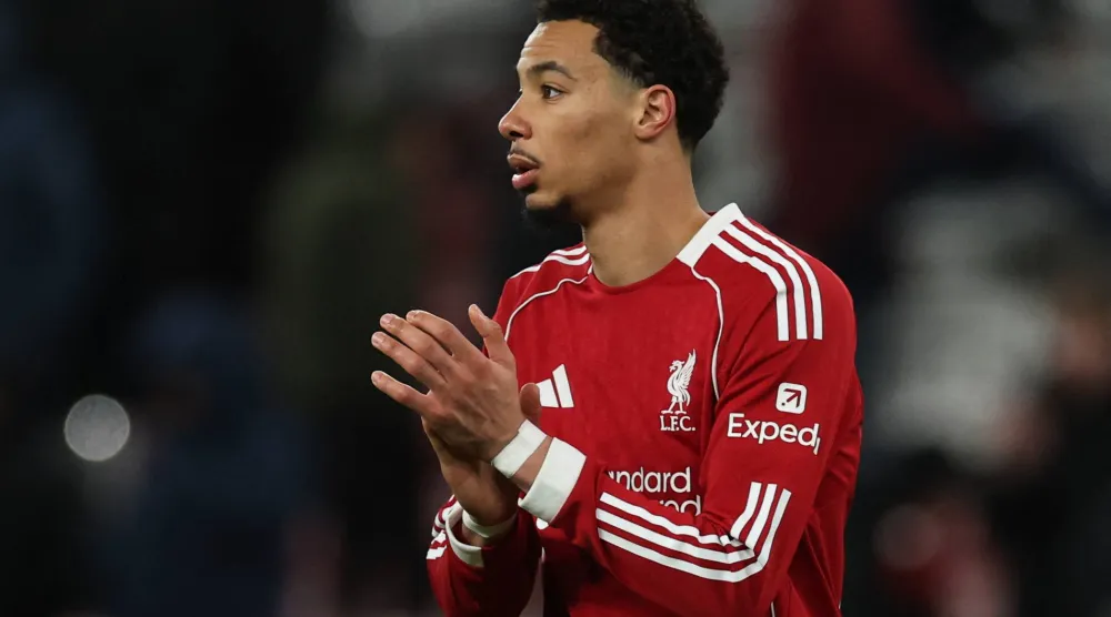 Football - Premier League - Liverpool v Leeds United - Anfield, Liverpool, Britain - January 1, 2026 Liverpool's Hugo Ekitike applauds fans after the match. (Reuters)