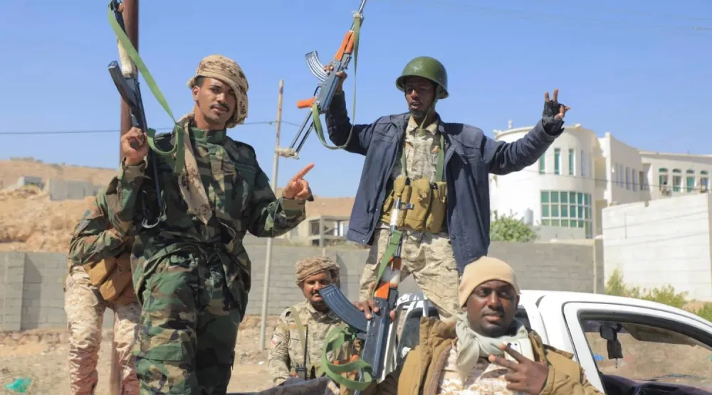  Yemeni National Shield forces during the recapture of military camps in Hadhramaut and Al-Mahrah (Reuters)