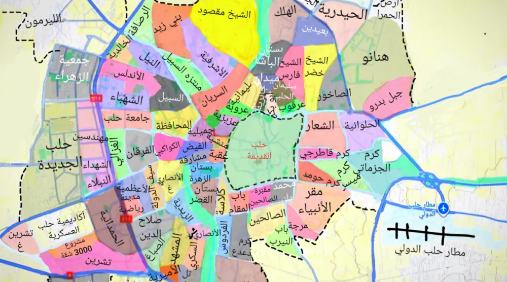 خريطة مدينة حلب ويتضح فيها حيا الشيخ مقصود والأشرفية (متداولة)