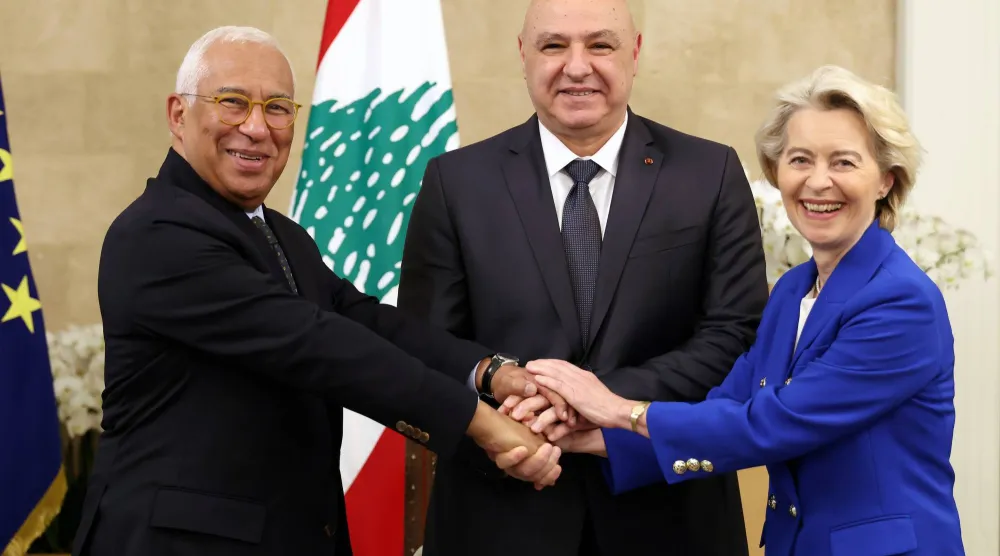 الرئيس اللبناني جوزيف عون مستقبلاً رئيس المجلس الأوروبي أنطونيو كوستا ورئيسة المفوضية الأوروبية أورسولا فون دير لاين (الرئاسة اللبنانية)